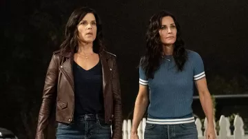 Rag and Bone artic stripe short sleeve sweater worn by Gale Weathers (Courteney Cox) as seen in Scream 2022
