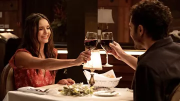 AllSaints Printed Red Dress worn by Natalie Bauer (Nina Dobrev) as seen in Love Hard movie