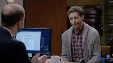 Banana Republic SUPIMA® Cotton Cardigan Sweater in Gray Marl worn by Drew Dunbar (Thomas Middleditch) as seen in B Positive TV series (S02E01)
