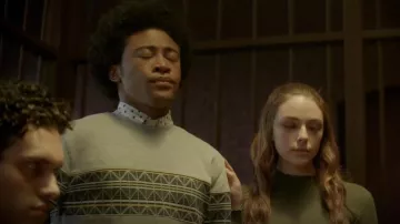 Ted Baker Kinfish Abstract Jumper in Grey worn by Milton 'MG' Greasley (Quincy Fouse) as seen in Legacies TV show wardrobe (Season 4 Episode 1)