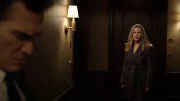 Dolce & Gabbana belted micro tweed double-breasted coat worn by Bradley Jackson (Reese Witherspoon) as seen in The Morning Show TV series outfits (Season 2 Episode 5)