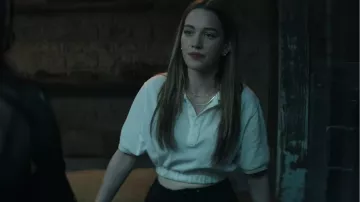 White Crop Polo Shirt worn by Love Quinn (Victoria Pedretti) in You TV series wardrobe (Season 3 Episode 9)