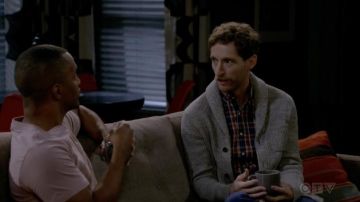 Banana Republic Supima Cotton Cardigan Sweater in Gray Marl worn by Drew Dunbar (Thomas Middleditch) as seen in B Positive TV show outfits (S02E02)