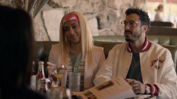 Stanford University white varsity jacket worn by Derek DuBois (Wade Allain-Marcus) as seen in Insecure TV series wardrobe (Season 5 Episode 1)