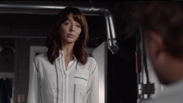 Reiss Katey Green Striped Grandad Collar Shirt worn by Samantha Louise 'Lou' Fleming (Michelle Morgan) as seen in Heartland TV show wardrobe (S15E03)