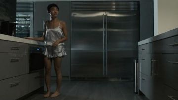Lulus Sweetest Dreams Silver Satin Ruffled Two-Piece Pajama Set worn by Margot (Brianne Tju) as seen in I Know What You Did Last Summer (S01E07)
