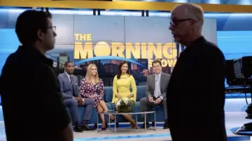 Karen Millen Stud Detail Split Sleeve Pencil Dress in yellow worn by Alison Namazi (Janina Gavankar) as seen in The Morning Show (S02E08)