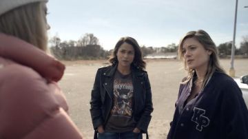 AllSaints Lexi cropped leather biker jacket worn by Jackie Quiñones (Monica Raymund) as seen in Hightown Tv series outfits (Season 2 Episode 4)