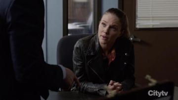 Barneys New York Quilted Leather Moto Jacket worn by Hailey Upton (Tracy Spiridakos) as seen in Chicago P.D. TV series wardrobe (S09E08)