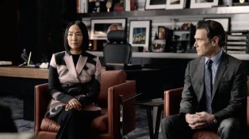 Off-White Liquid Melt double-breasted jacket worn by Stella Bak (Greta Lee) as seen in The Morning Show Tv series wardrobe (S02E09)