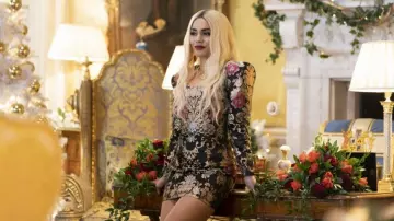 House of CB Jacquard mini dress worn by Stacy / Margaret / Fiona (Vanessa Hudgens) in The Princess Switch 3: Romancing the Star