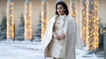 Reiss White coat worn by Stacy / Margaret / Fiona (Vanessa Hudgens) as seen in The Princess Switch 3: Romancing the Star movie