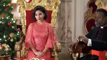 Red dress worn by Stacy / Margaret / Fiona (Vanessa Hudgens) as seen in The Princess Switch 3: Romancing the Star