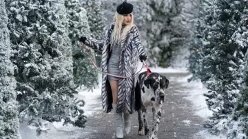 River Island Fur coat worn by Stacy / Margaret / Fiona (Vanessa Hudgens) as seen in The Princess Switch 3: Romancing the Star