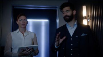 Boss Bremmy Sheer Sleeves Button-Down in white worn by Ava Sharpe (Jes Macallan) as seen in DC's Legends of Tomorrow TV show wardrobe (S07E06)