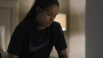 Nike black tee worn by Jackie Justice (Halle Berry) as seen in Bruised movie wardrobe