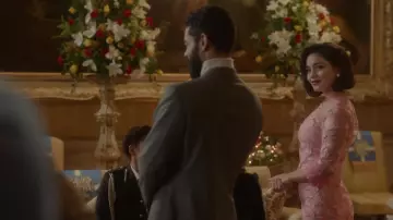 Naeem Khan Crochet-trimmed Embroidered Tulle and Silk Midi Dress worn by Fiona Pembroke / Queen Margaret / Stacy (Vanessa Hudgens) in The Princess Switch 3: Romancing the Star movie wardrobe