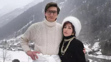 Cable Roll Neck sweater in white worn by Maurizio Gucci (Adam Driver) in House of Gucci movie wardrobe