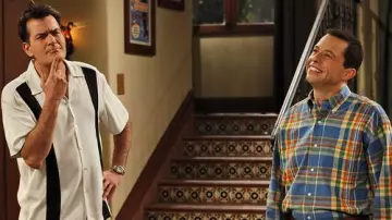 Black and khaki bowling shirt worn by Charles "Charlie" Harper (Charlie Sheen) as seen in Two and a Half Men TV series wardrobe (Season 8 Episode 2)