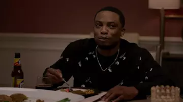 Off-White all-over logo sweatshirt in back worn by Cane Tejada (Woody McClain) as seen in Power Book II: Ghost TV show wardrobe (Season 2 Episode 6)