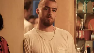 White Tee with Pocket worn by Fezco (Angus Cloud) as seen in Euphoria TV series wardrobe (Season 2 Episode 1)