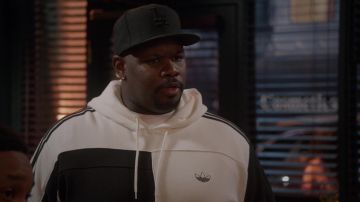 Adidas Originals Asymmetrical Block Hooded Sweatshirt worn by Sherm Jones (Carl Tart) as seen in Grand Crew TV series outfits (Season 1 Episode 4)
