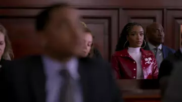 Courrèges logo patch cropped jacket rouge porté par Diana Tejada (LaToya Tonodeo) comme on le voit dans Power Book II: Ghost Wardrobe (S02E08)