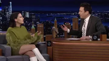 Lapointe Cashmere Silk Fur sweater in Green worn by Ilana Glazer in The Tonight Show Starring Jimmy Fallon on January 27, 2022