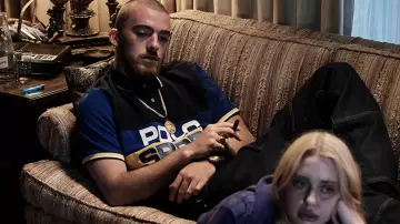 Polo Ralph Lauren Sport capsule large logo color block pique polo in cruise navy multi worn by Fezco (Angus Cloud) as seen in Euphoria TV series (S02E04)