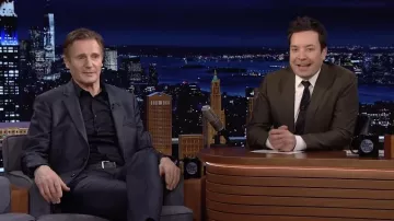 Black formal shirt worn by Liam Neeson as seen in The Tonight Show Starring Jimmy Fallon on 1st February, 2022