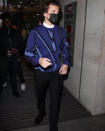 Berluti Blue Jacquard Sweater Jumper worn by Tom Holland on the Instagram account of @britishgq