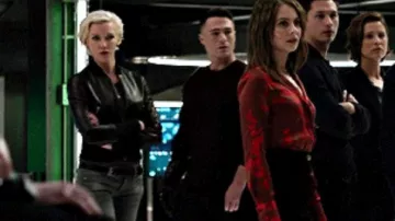 The Maje leather jacket worn by Laurel Lance (Katie Cassidy) in the series Arrow (Season 8 Episode 10)