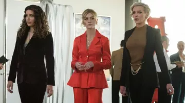 All blazer pants red satin worn by Mia Smoak (Katherine McNamara) in Arrow (S08E09)