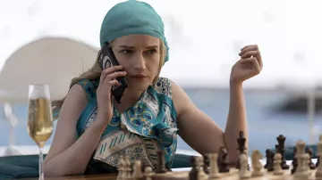 Etro Scarf Print Silk Wrap Top worn by Anna Delvey (Julia Garner) as seen in Inventing Anna Wardrobe (S01E02)