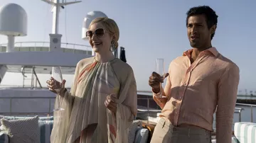 Zac Posen ISSA Silver Sunglasses worn by Anna Delvey (Julia Garner) as seen in Inventing Anna TV series outfits (Season 1 Episode 2)