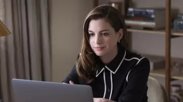 Porenza Schouler Black trim blouse worn by Linda (Anne Hathaway) as seen in Locked Down movie