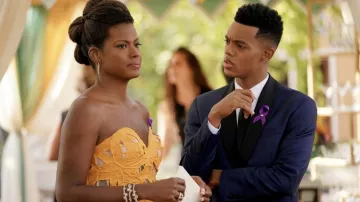 Oscar de la Renta Cutout Faille Strapless Midi Cocktail Dress in orange worn by Vivian Banks (Cassandra Freeman) as seen in Bel-Air (S01E06)