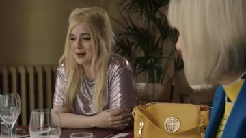 Mustard handbag worn by Agatha Raisin (Ashley Jensen) in Agatha Raisin TV series wardrobe (Season 4 Episode 3)