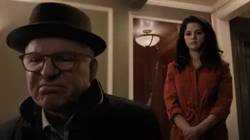 Red overall jumpsuit worn by Mabel Mora (Selena Gomez) as seen in Only Murders in the Building wardrobe (S01E01)