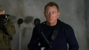 Navy Blue Pullover Drawstring Ribbed Sweater worn by James Bond (Daniel Craig) in No Time to Die