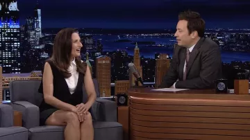 Dior A Line Romper Dress in black and white worn by Camille Cottin as seen in The Tonight Show Starring Jimmy Fallon on March 15, 2022