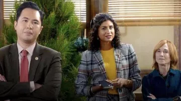 Trina Turk Plaid Single-Button Blazer and skirt worn by Mikaela Shaw (Vella Lovell) as seen in Mr. Mayor TV show (Season 2 Episode 1)