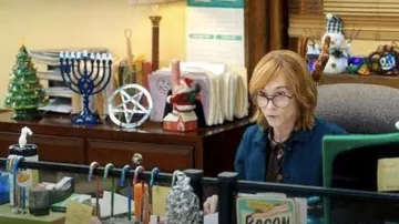 The Row Kurt Patch Pocket Denim Jacket worn by Arpi Meskimen (Holly Hunter) as seen in Mr. Mayor (S02E01)