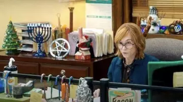 The Row Kurt Patch Pocket Denim Jacket worn by Arpi Meskimen (Holly Hunter) as seen in Mr. Mayor (S02E01)