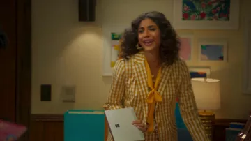 Trina Turk Gingham Blazer in yellow plaid worn by Mikaela Shaw (Vella Lovell) as seen in Mr. Mayor TV series outfits (Season 2 Episode 2)