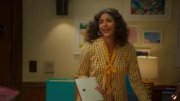 Trina Turk Gingham Blazer in yellow plaid worn by Mikaela Shaw (Vella Lovell) as seen in Mr. Mayor TV series outfits (Season 2 Episode 2)