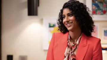 Alexander McQueen Leaf Crepe Jacket in pink worn by Mikaela Shaw (Vella Lovell) as seen in Mr. Mayor TV series outfits (S02E02)