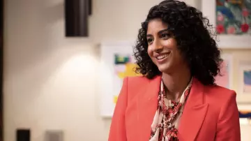 Alexander McQueen Leaf Crepe Jacket in pink worn by Mikaela Shaw (Vella Lovell) as seen in Mr. Mayor TV series outfits (S02E02)