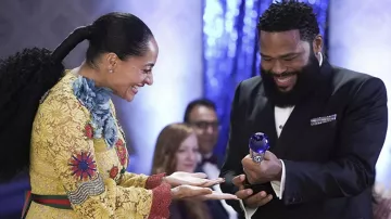 Gucci Yellow Lace Embroidered Runway Dress worn by Rainbow Johnson (Tracee Ellis Ross) as seen in black-ish TV show wardrobe (S08E09)