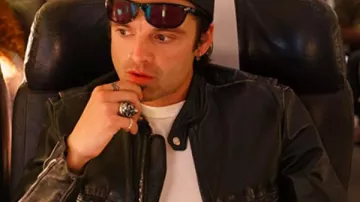 Slim Fit Distressed Leather Jacket worn by Tommy Lee (Sebastian Stan) in Pam & Tommy (Season 1 Episode 8)